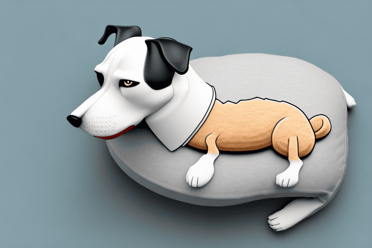 A relaxed dog comfortably lying on a cushion shaped like a human stomach