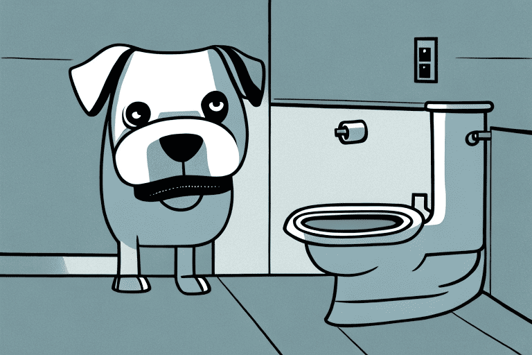 A worried-looking dog hiding behind a bathroom toilet