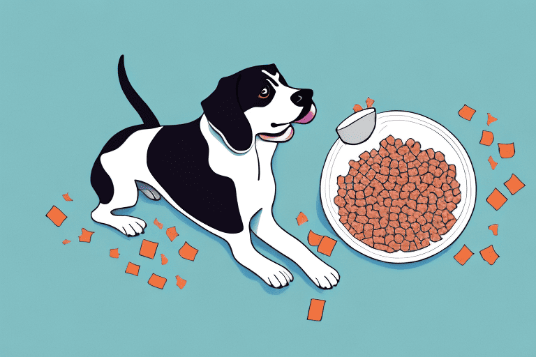 A dog lying down and eating from a bowl filled with dog food