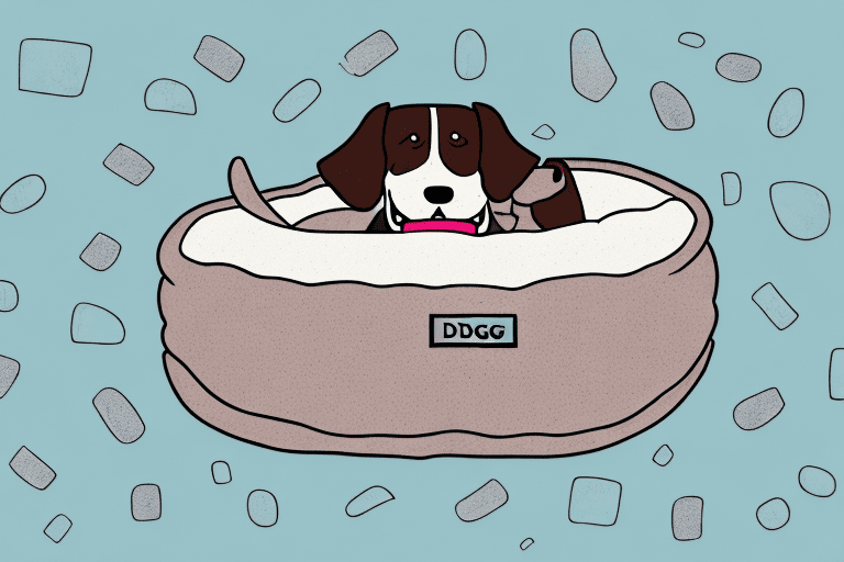 A cozy dog bed with a cute dog making its way towards it