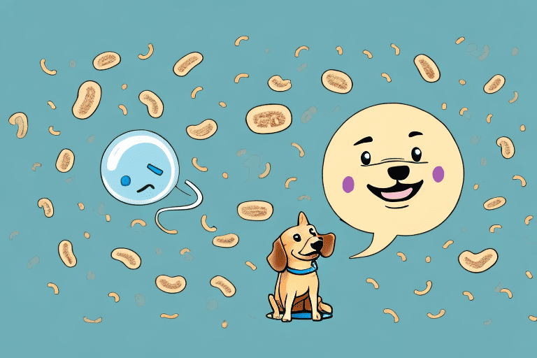 A dog panting with a thought bubble showing a poop emoji