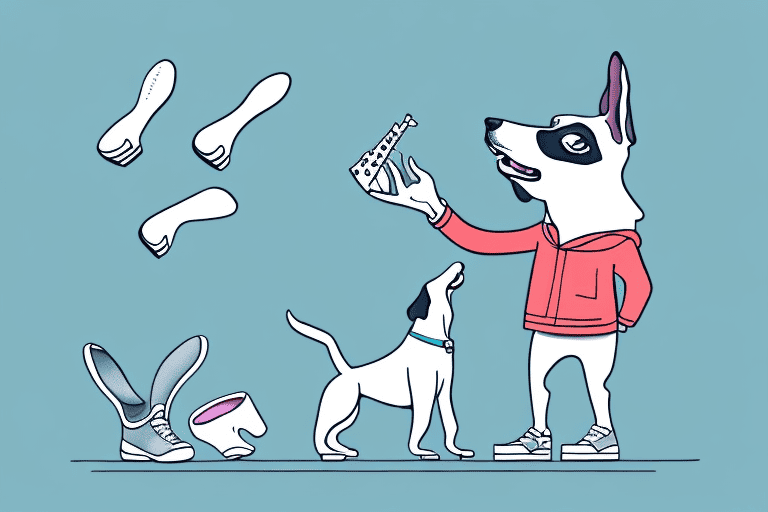 A dog happily offering a bone to a pair of empty shoes