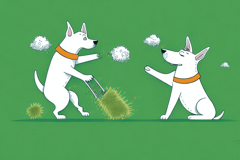 A playful dog energetically digging and ripping up grass in a backyard