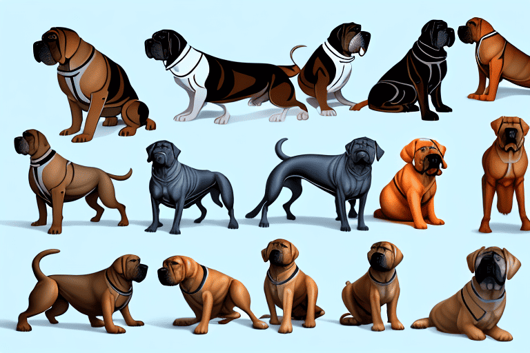 Several different types of mastiff dogs in various poses