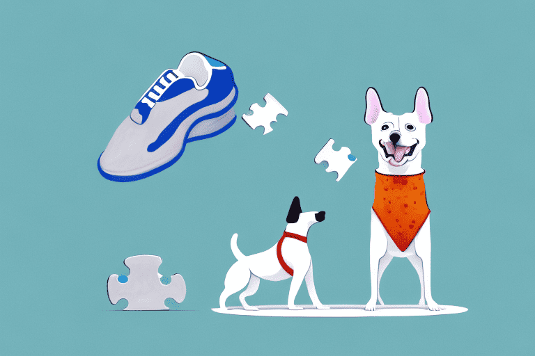 A playful dog standing on a pair of shoes