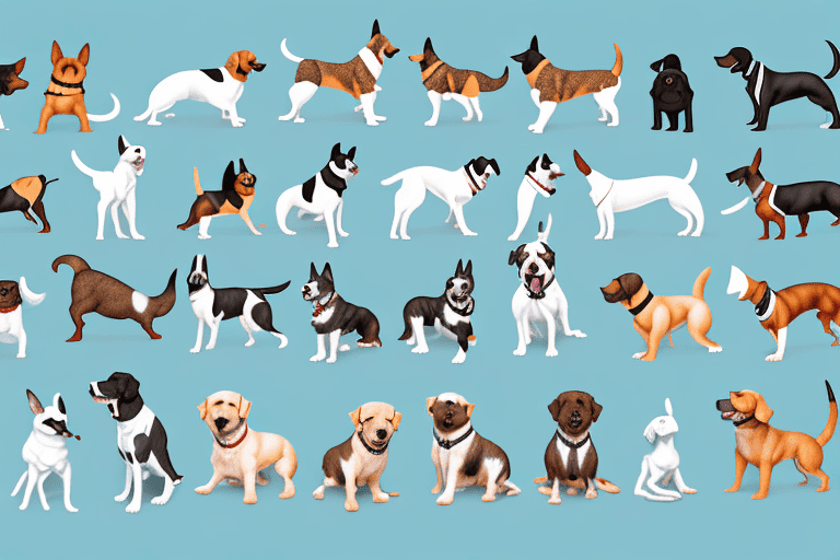 Several different medium-sized dog breeds in a park-like setting