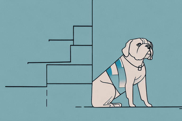 A perplexed-looking dog sitting at the base of a small set of stairs