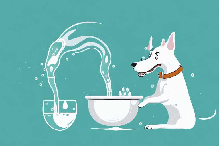 A playful dog pawing at a water bowl