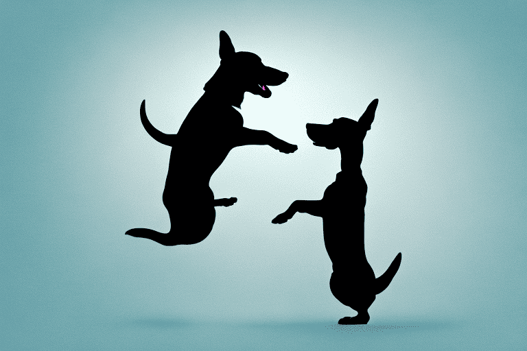 A dog playfully jumping up between two silhouettes leaning towards each other