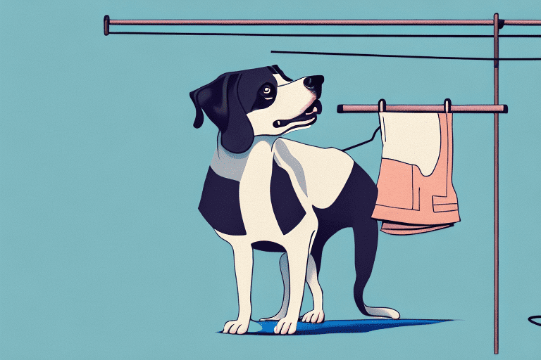 A curious dog sniffing around the lower half of a pair of trousers hanging on a clothesline