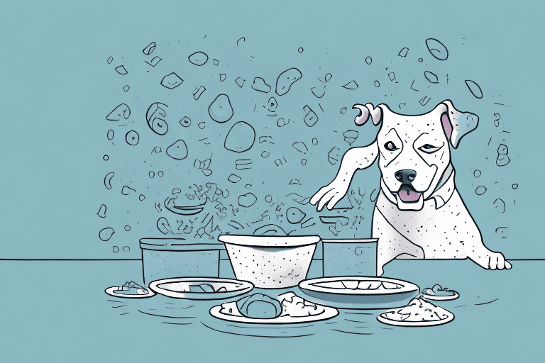 A dog visibly shaking or shivering near an empty food bowl