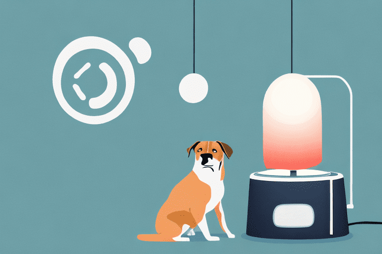 A cozy domestic dog sitting contentedly in front of a glowing heater