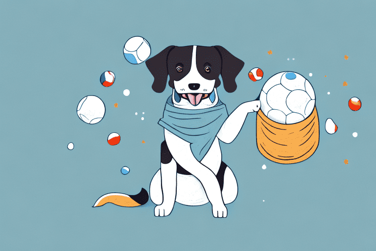 A curious dog playfully balling up a blanket with its paws and mouth in a cozy living room setting