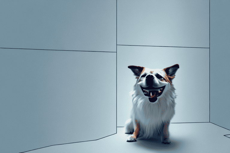 A playful dog standing in the middle of a narrow hallway