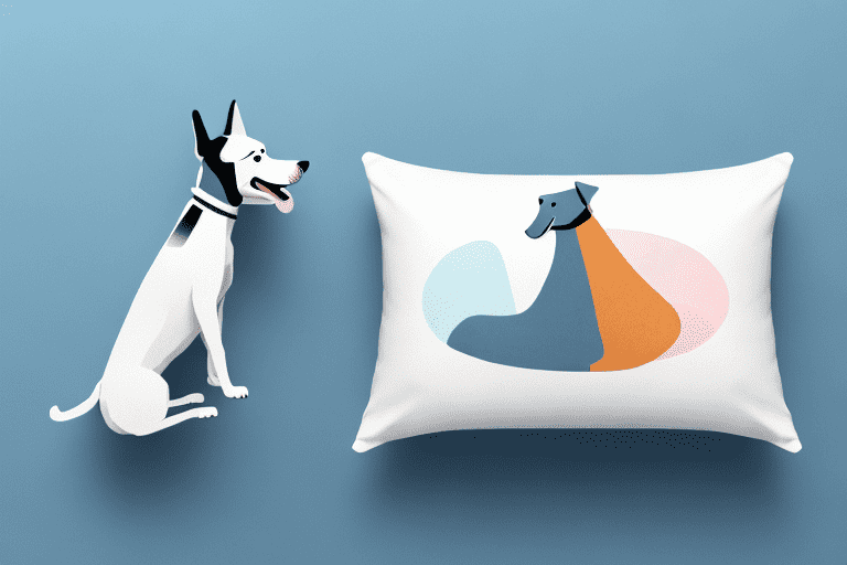 A playful dog balancing on a pair of shoulder-shaped pillows