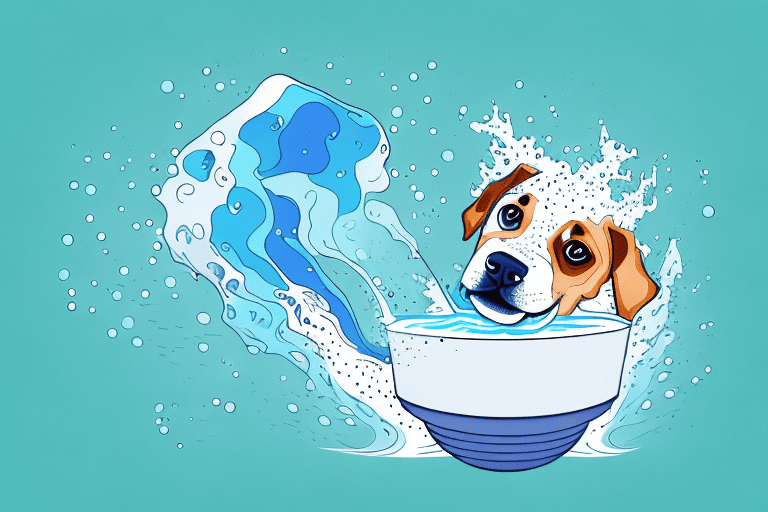 A playful dog energetically digging in a water bowl