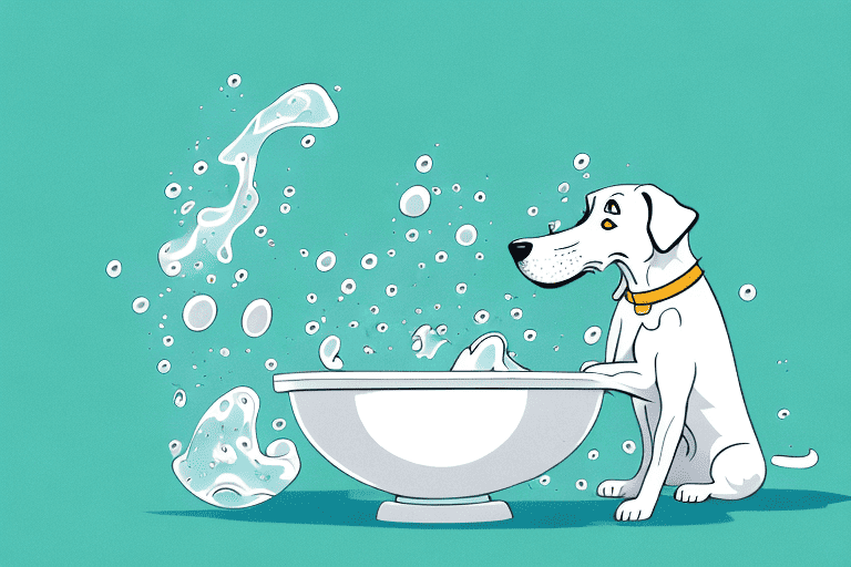 A playful dog enthusiastically digging in a large water bowl