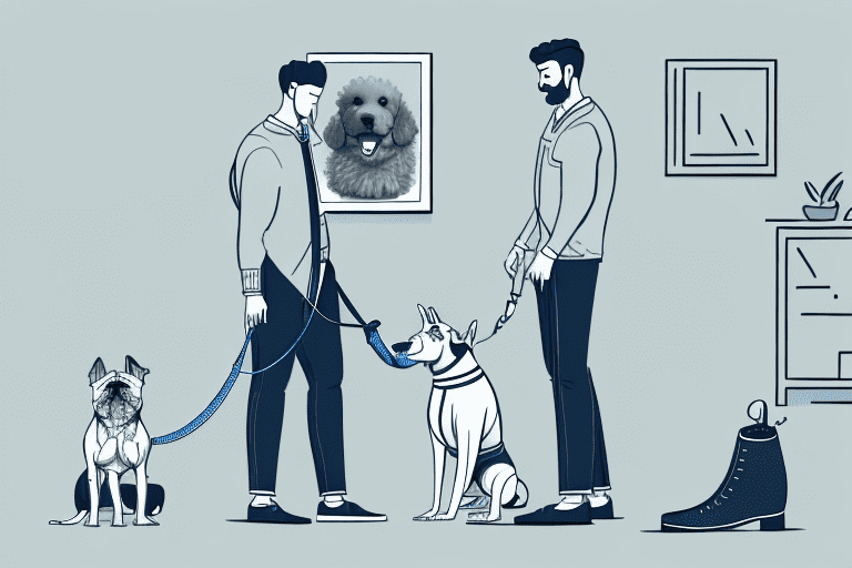 A domestic setting where a dog is growling at a pair of men's shoes