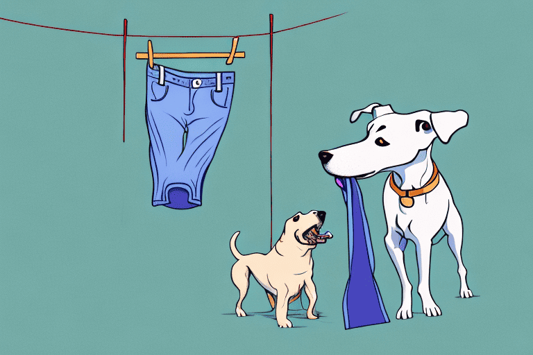 A curious dog enthusiastically licking a pair of pants hanging on a clothesline