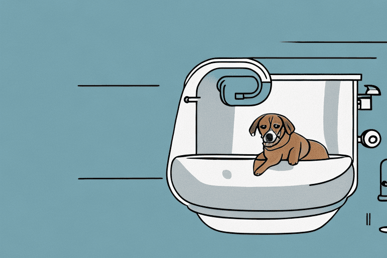 A domestic dog comfortably curled up on a bathroom mat with a toilet and a bathtub in the background