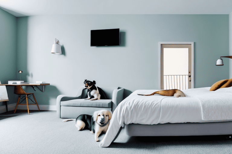 A cozy guest room with a dog comfortably curled up on the guest bed