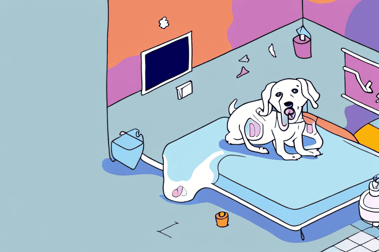 A curious dog enthusiastically licking a colorful bed sheet in a cozy bedroom setting