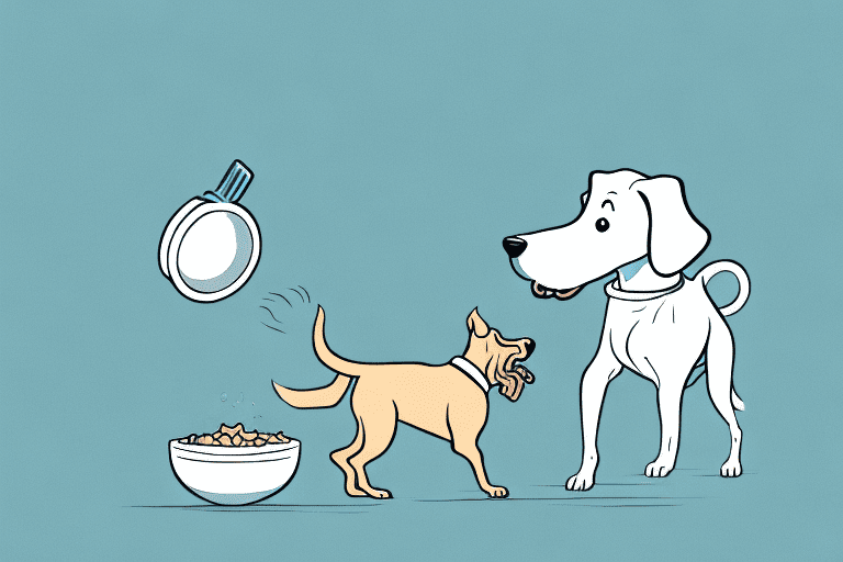 A curious dog sniffing a bowl of food then turning and walking away from it