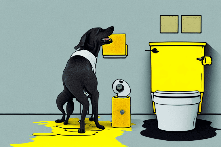 A curious dog sniffing a yellow puddle