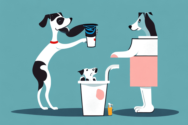 A curious dog sniffing around a small bathroom trash can that has a slightly visible