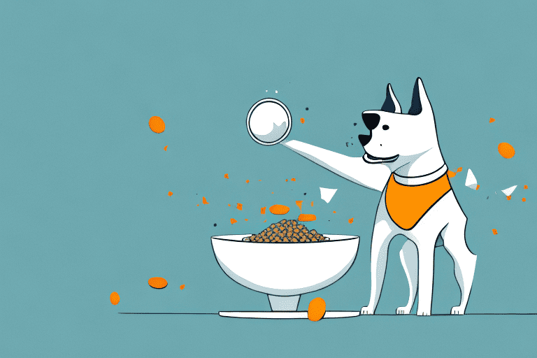 A playful dog tipping over a bowl filled with dog food