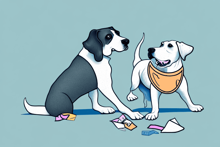 A curious dog sniffing and licking a pair of discarded underwear on the floor