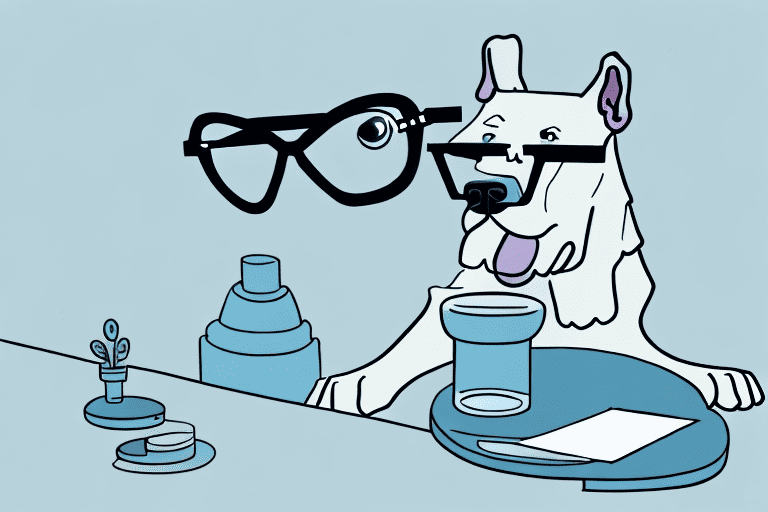 A curious dog sniffing close to a pair of glasses resting on a table