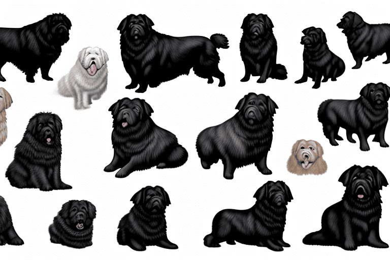 Several distinct types of newfoundland dogs showcasing their unique features and characteristics in a natural