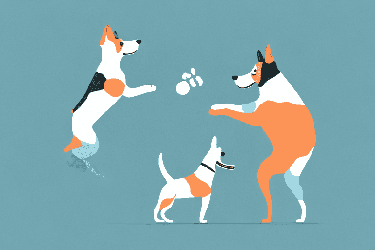 A playful dog playfully bumping into a pair of legs