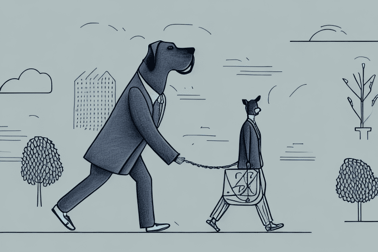 A dog on a leash walking ahead of its owner's legs