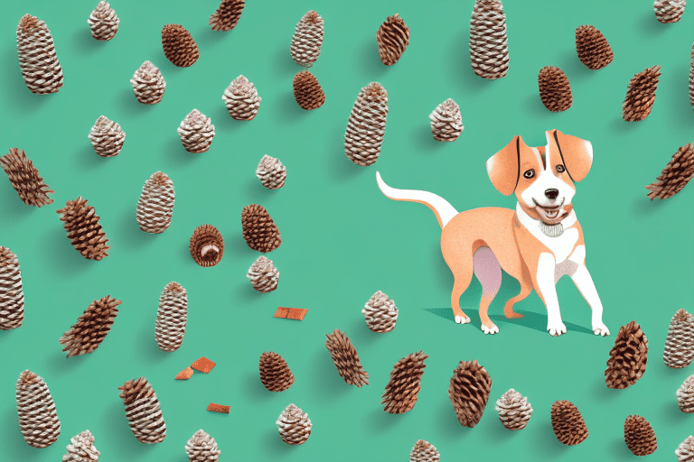 A curious dog sniffing and nibbling on a pile of pine cones in a forest setting