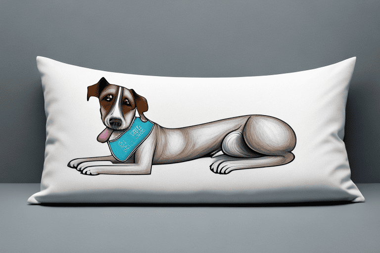 A relaxed dog comfortably laying across a pillow shaped like a human neck