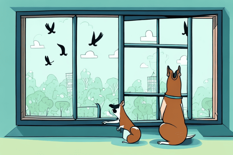 A curious dog happily peering out of a large window