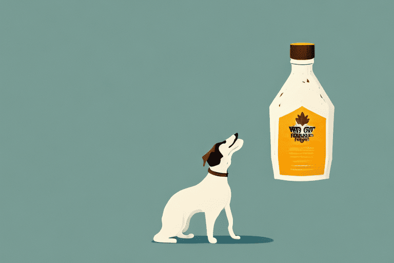 A curious dog sniffing a maple syrup bottle