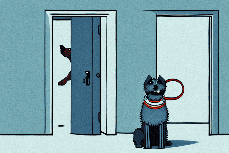 An elderly dog eagerly standing at a partially open door