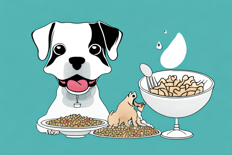 A dog sitting with a bowl of food