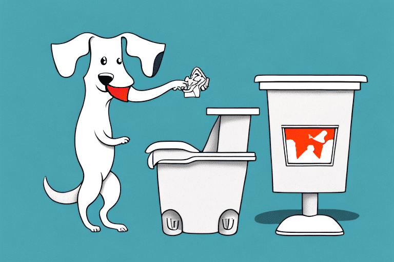 A curious dog with its nose in a bathroom trash bin