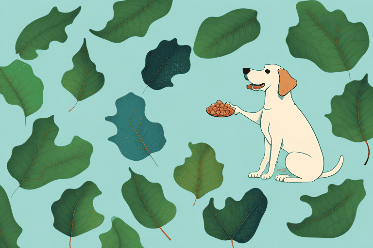 A curious dog nibbling on a leaf from a fig tree