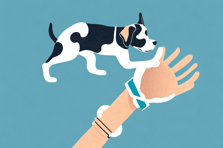 A dog gently holding onto a human's wrist with its paw