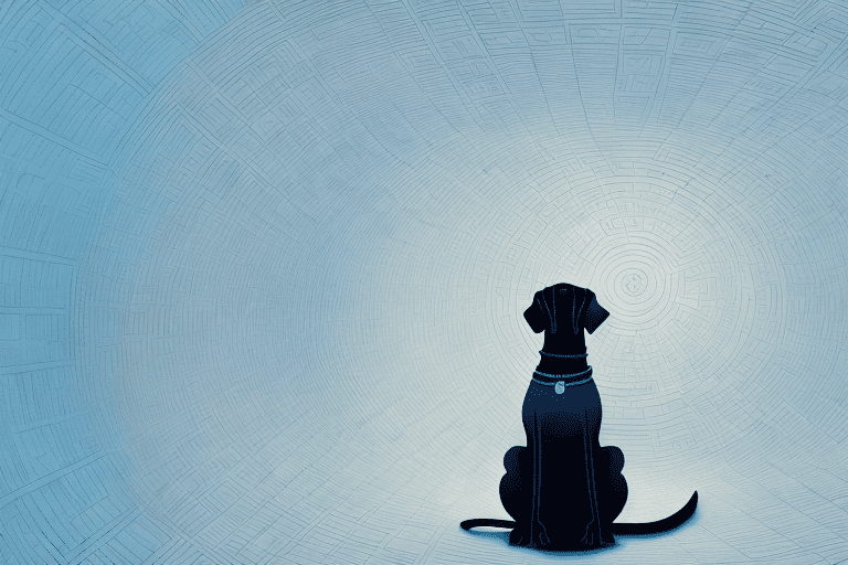 A curious dog sitting on a rug and looking up intently at a ceiling with various abstract shapes and shadows