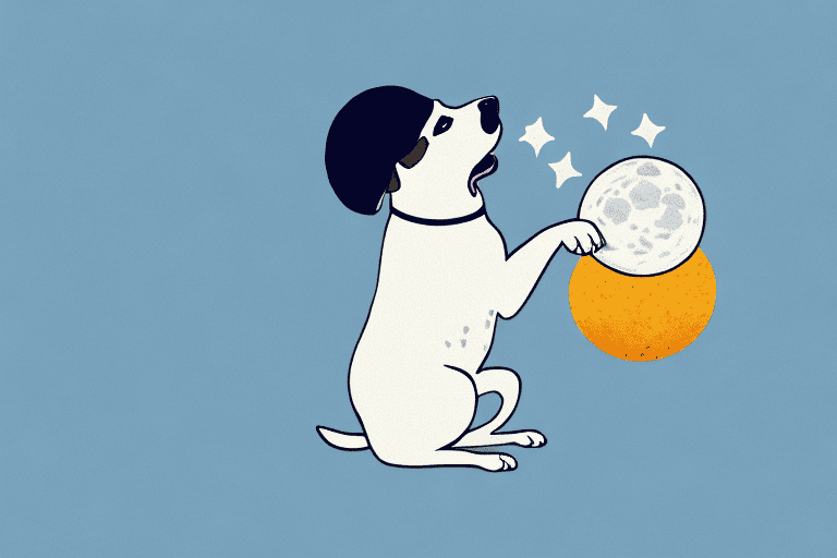 A dog affectionately licking a pillow with a nightcap and a moon in the background to symbolize bedtime