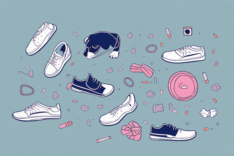 A cozy scene where a dog is peacefully sleeping on a pair of shoes