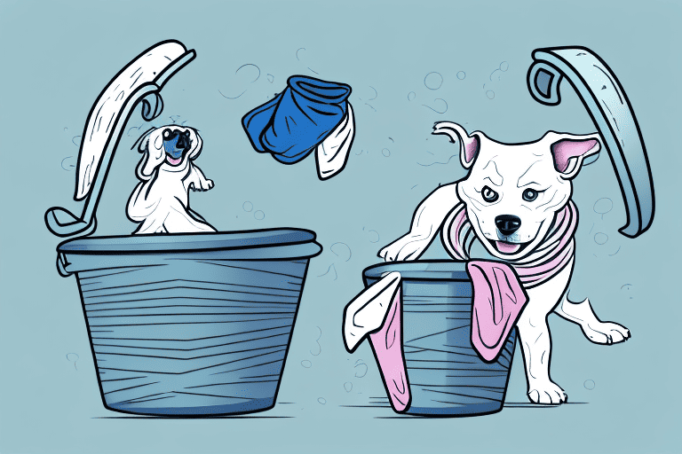 A playful dog in the act of stealthily grabbing a sock from a laundry basket and scurrying off to a hidden corner