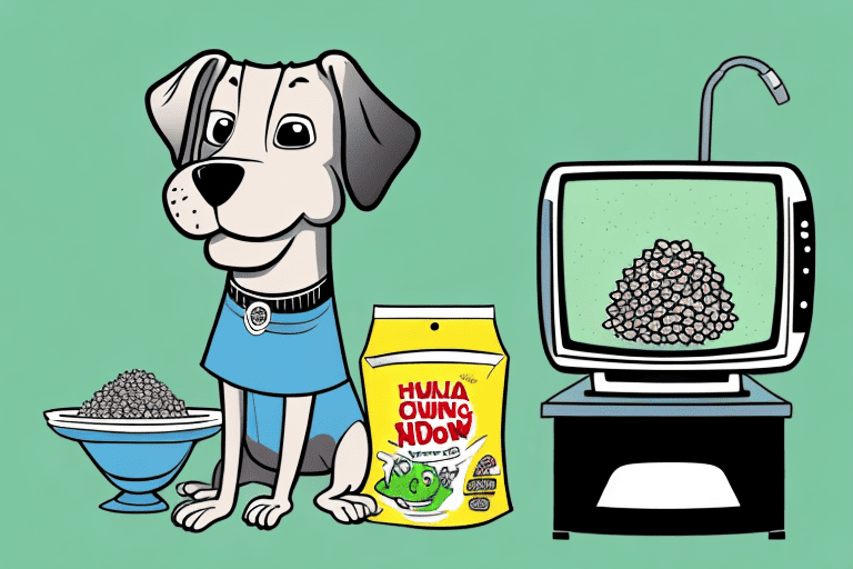 A television screen displaying a confused-looking cartoon dog sitting next to a bowl of dog food