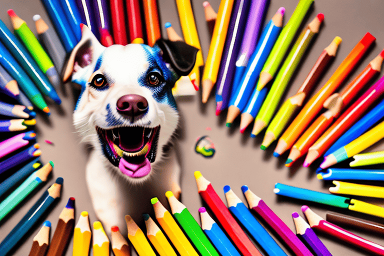 A curious dog chewing on a variety of colorful crayons